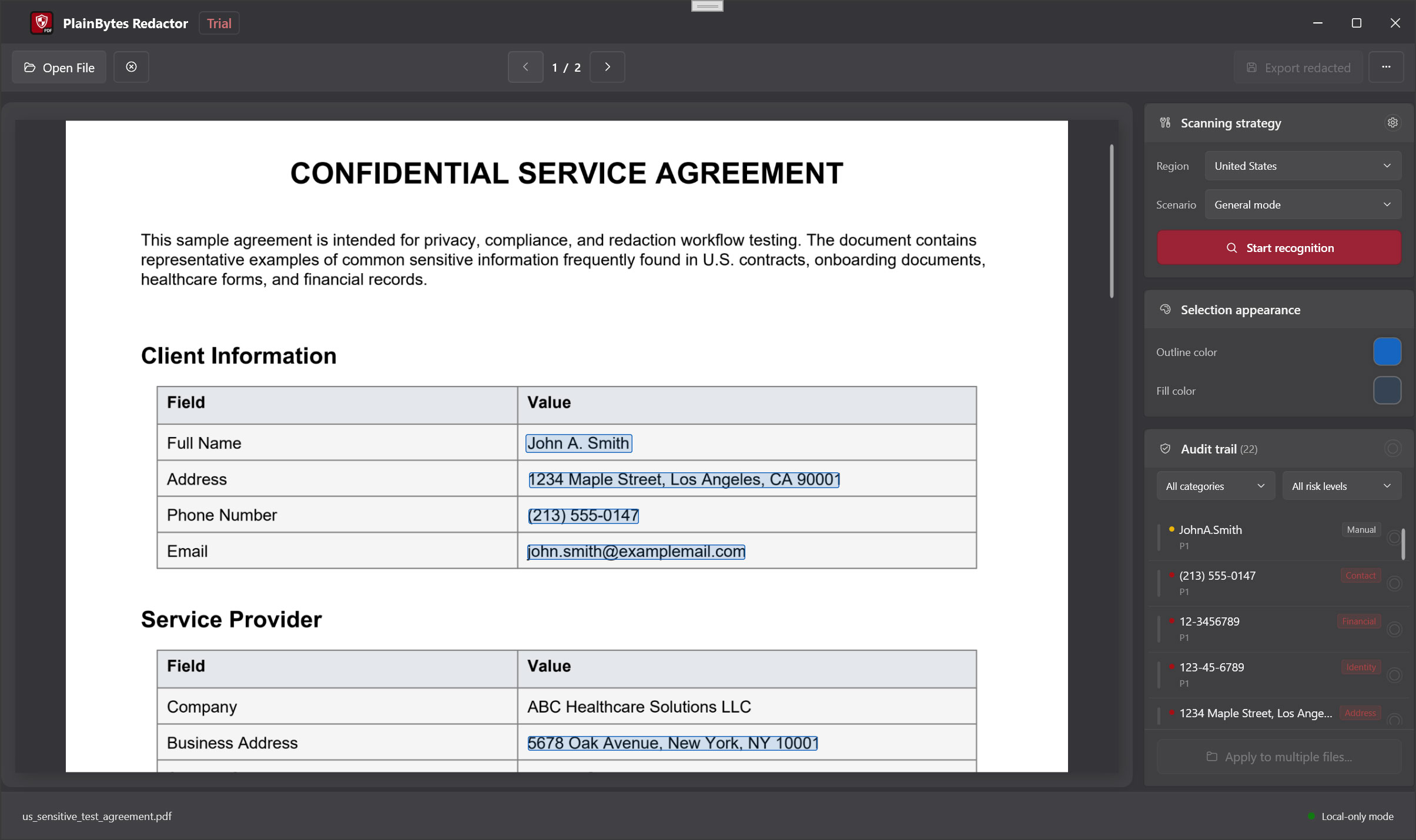 PlainBytes Redactor main window with document preview on the left and audit and policy panels on the right; layout may vary by version.