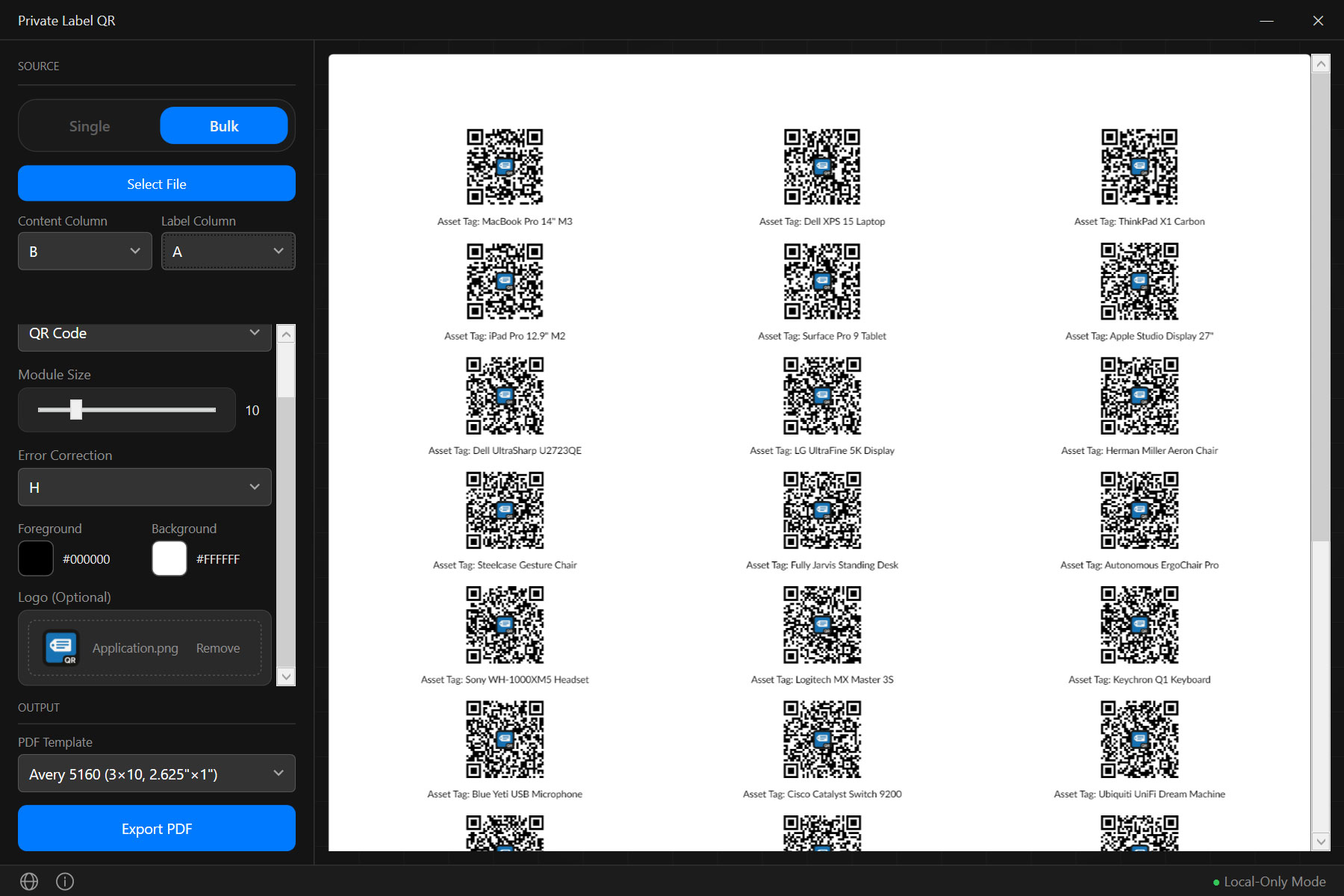 Bulk Mode — import Excel, export label PDF