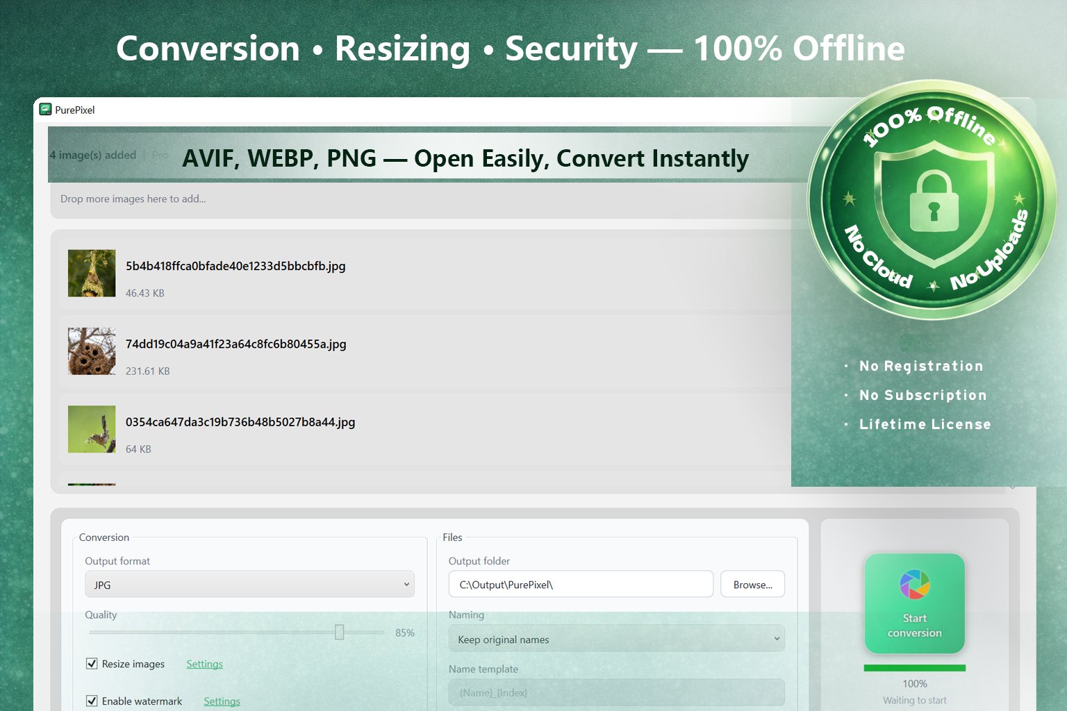 PurePixel marketing screenshot with 100% Offline badge