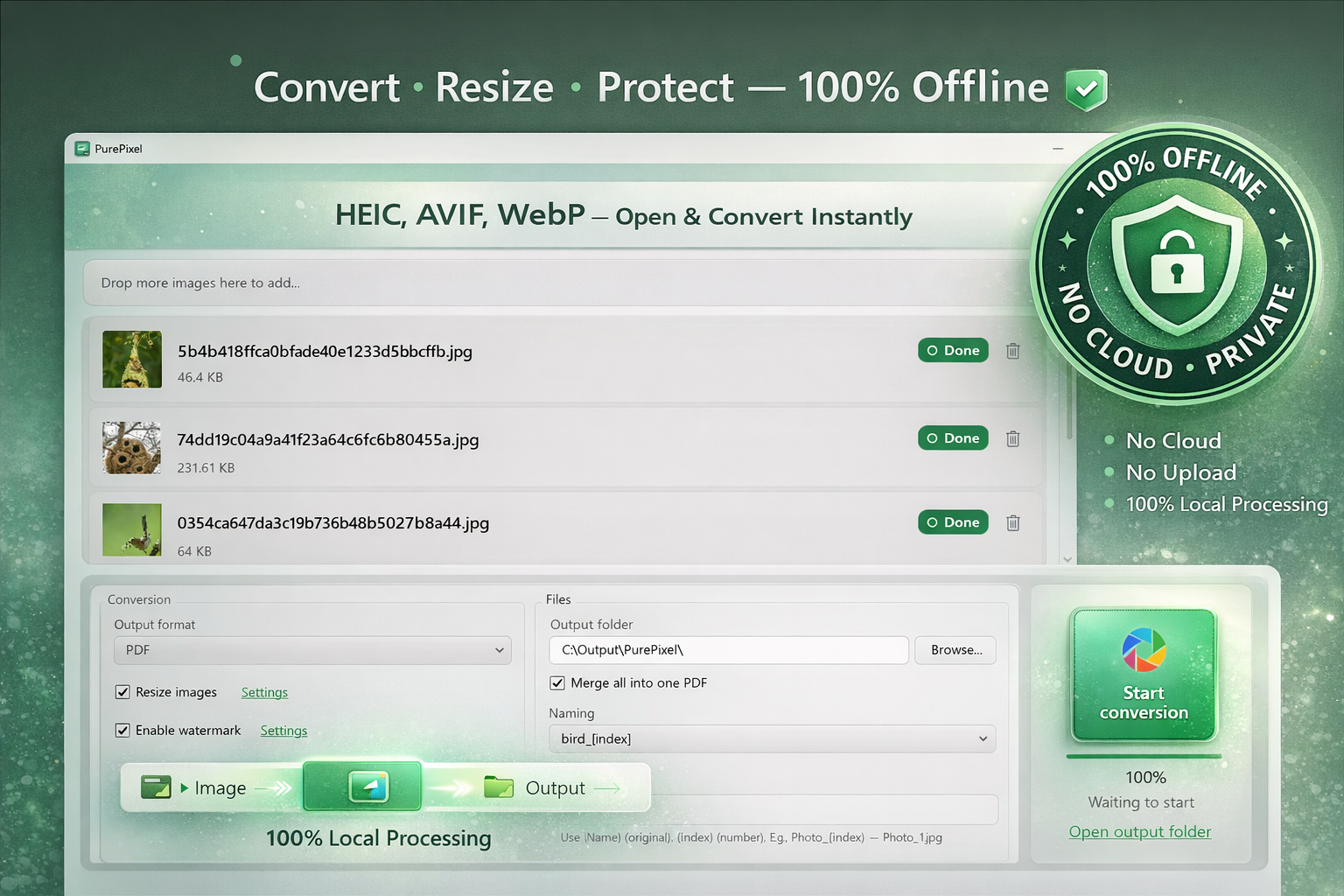 PurePixel marketing screenshot with 100% Offline badge